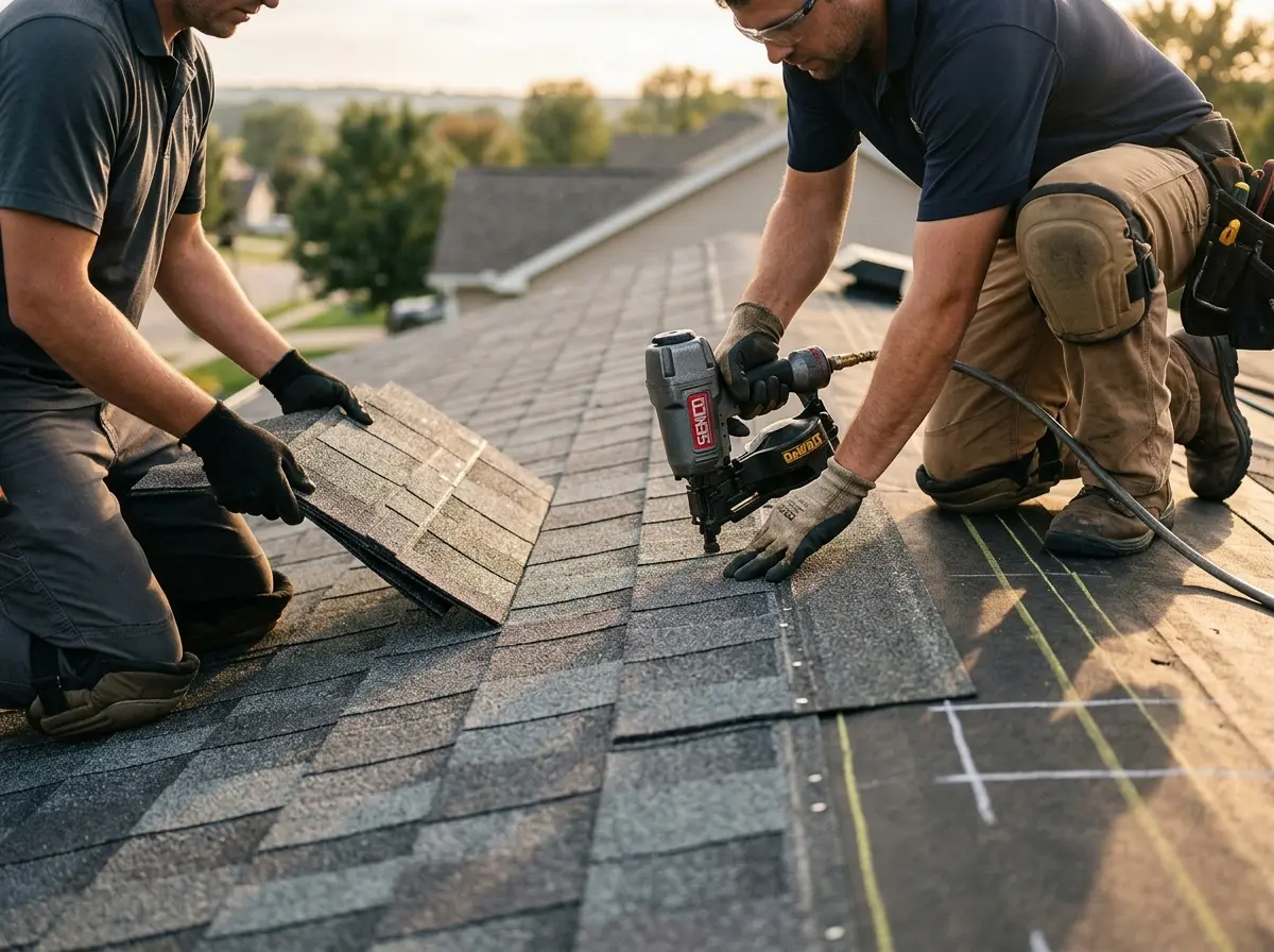 Professional roofer working on a residential roof in Fairfax